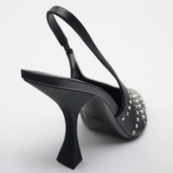 Zara Sexy Edgy Studded Sling Back Heels Black Size 36 - Picture 5 of 11